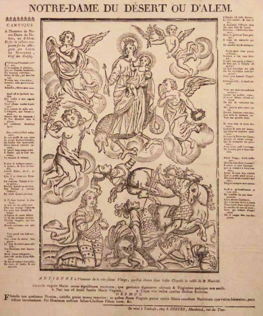 Notre-Dame du Désert ou d'Alem. Cantique à l'honneur de Notre-Dame du Désert ou d'Alem et sur la victoire remportée sur les Albigeois par Louis de Sancerre, chef des Croisés. 1733.