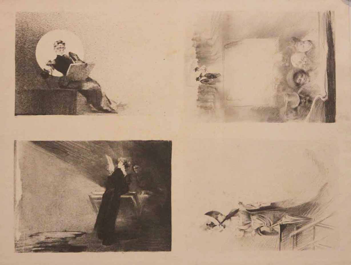 Planche carte-visite: L'élève au carton à dessins, L'élève à la lettre, Femme lisant dasn un cercle de lune & Personnages regardant un livre.