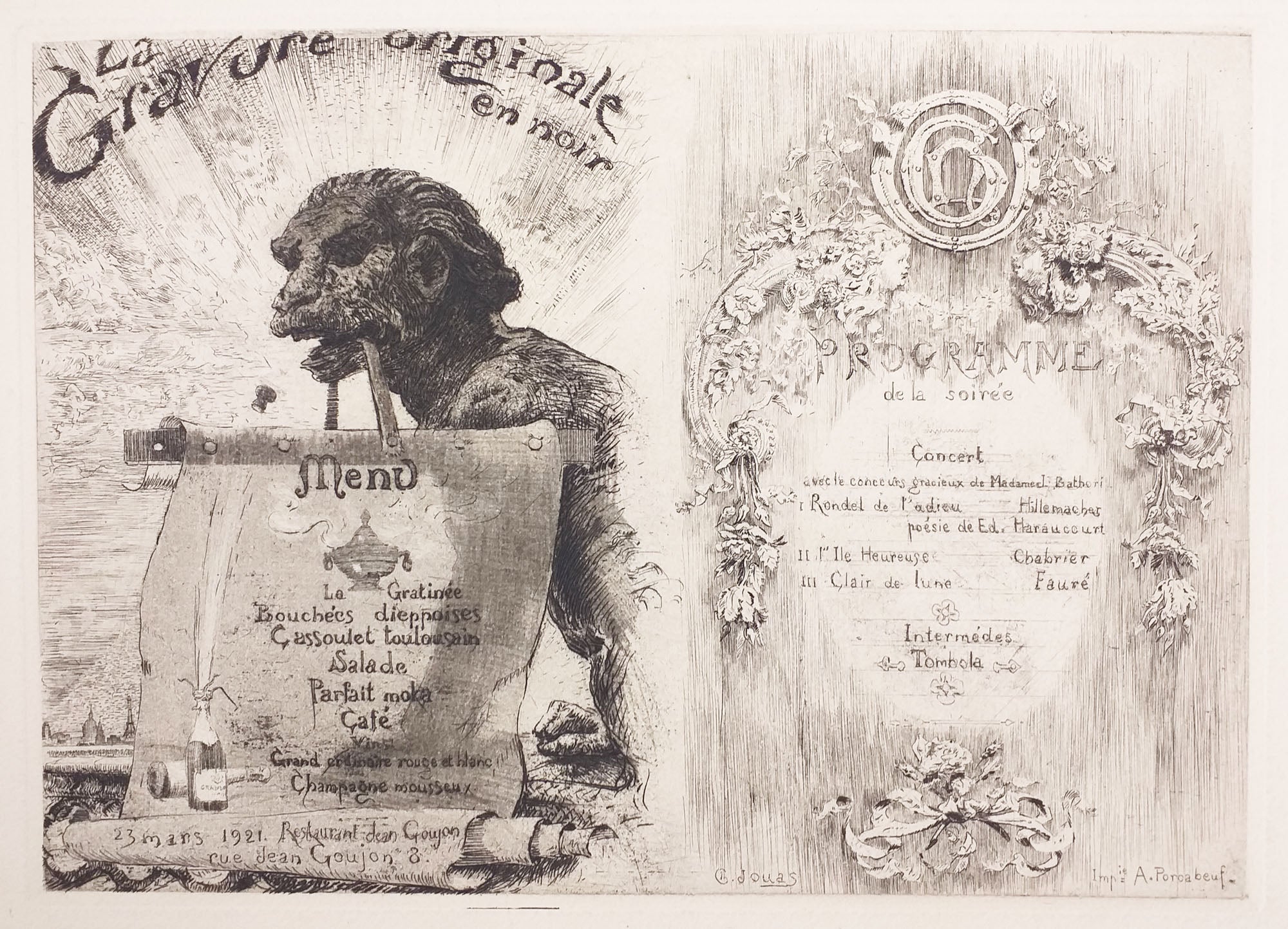 Menu et Programme de la soirée du 23 mars 1921 pour La Gravure Originale en noir.