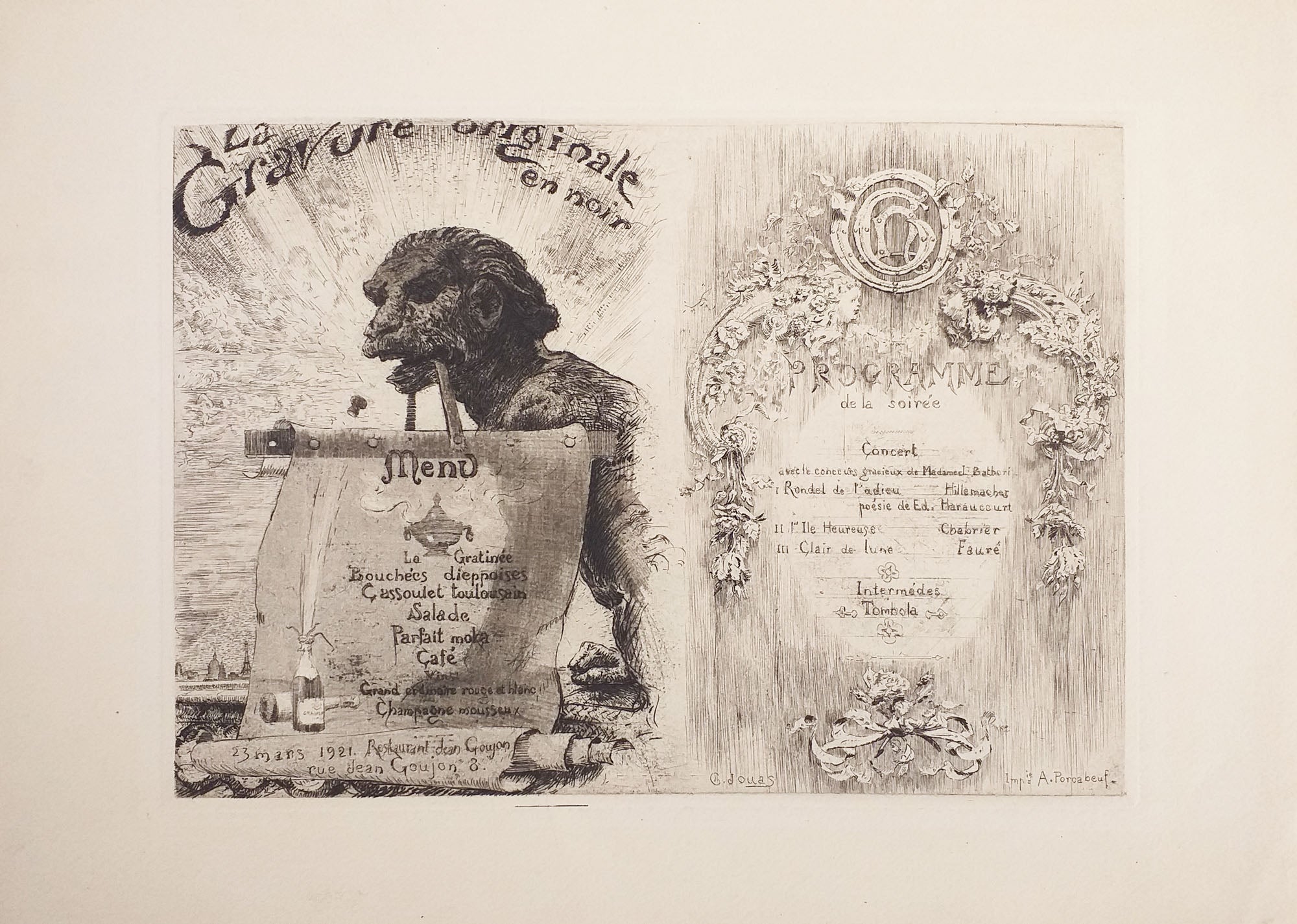 Menu et Programme de la soirée du 23 mars 1921 pour La Gravure Originale en noir.
