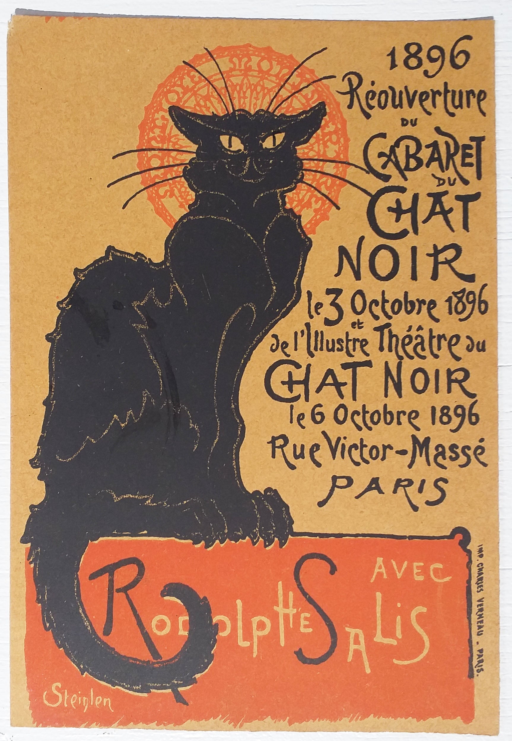 Carte publicitaire annonçant la Réouverture du Cabaret du Chat noir le 3 octobre 1896 et de l'Illustre Théâtre au Chat Noir le 6 octobre 1896, Rue Victor-Massé, Paris, avec Rodolphe Salis.