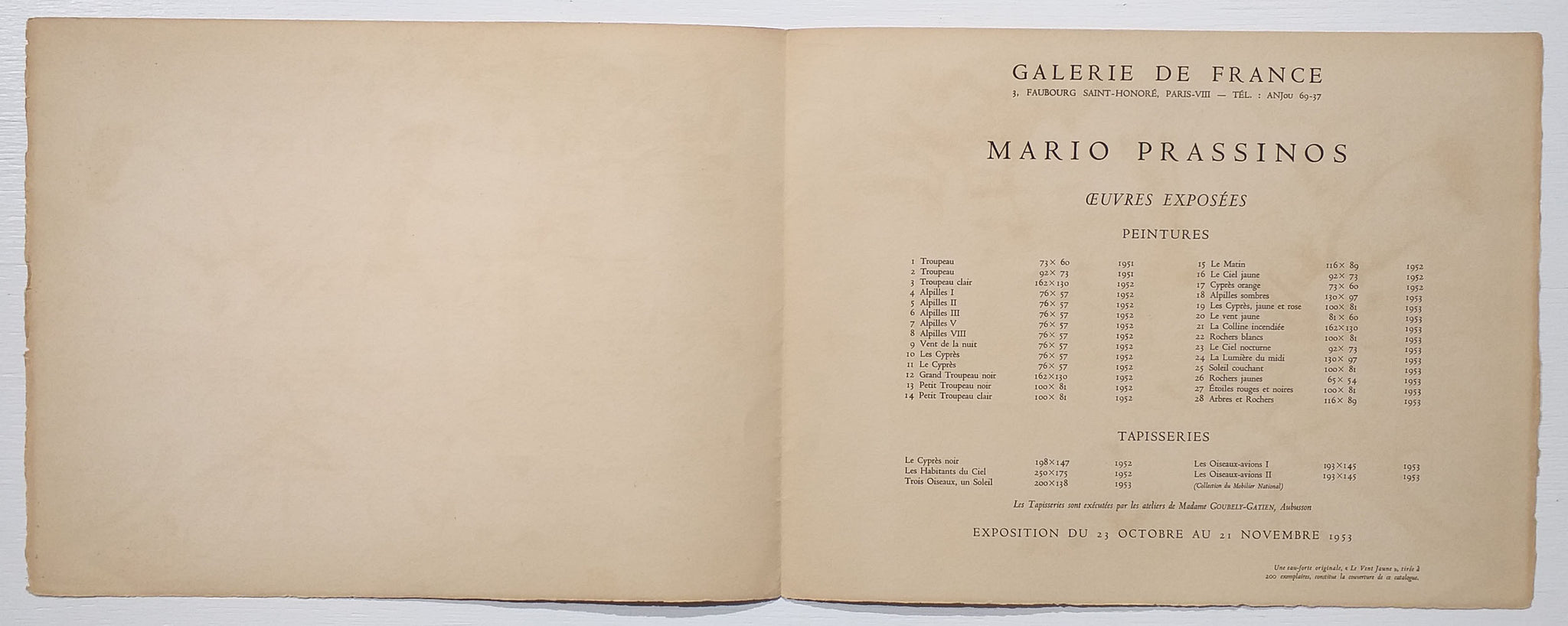 Le Vent Jaune. Catalogue des Œuvres exposées par Mario Prassinos à la Galerie de France, 3 Fbg St Honoré, Paris 8ème, du 23 octobre au 21 novembre 1953.