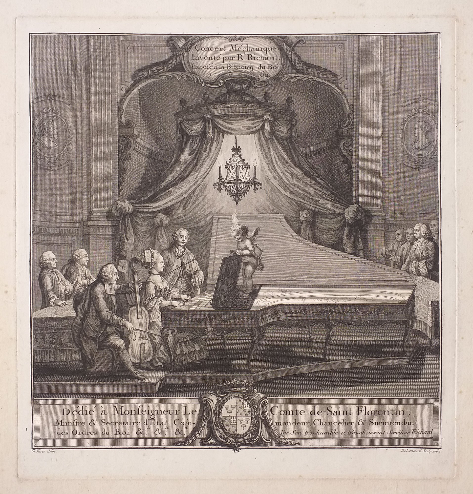 Le Concert Méchanique, inventé par R. Richard, exposé à la Bibliothèque du Roi. Dédié à Monseigneur le Comte de Saint Florentin, Ministre et Secrétaire d'Etat Commandeur, Chancelier et Surintendant des Ordres du Roi.  1769.