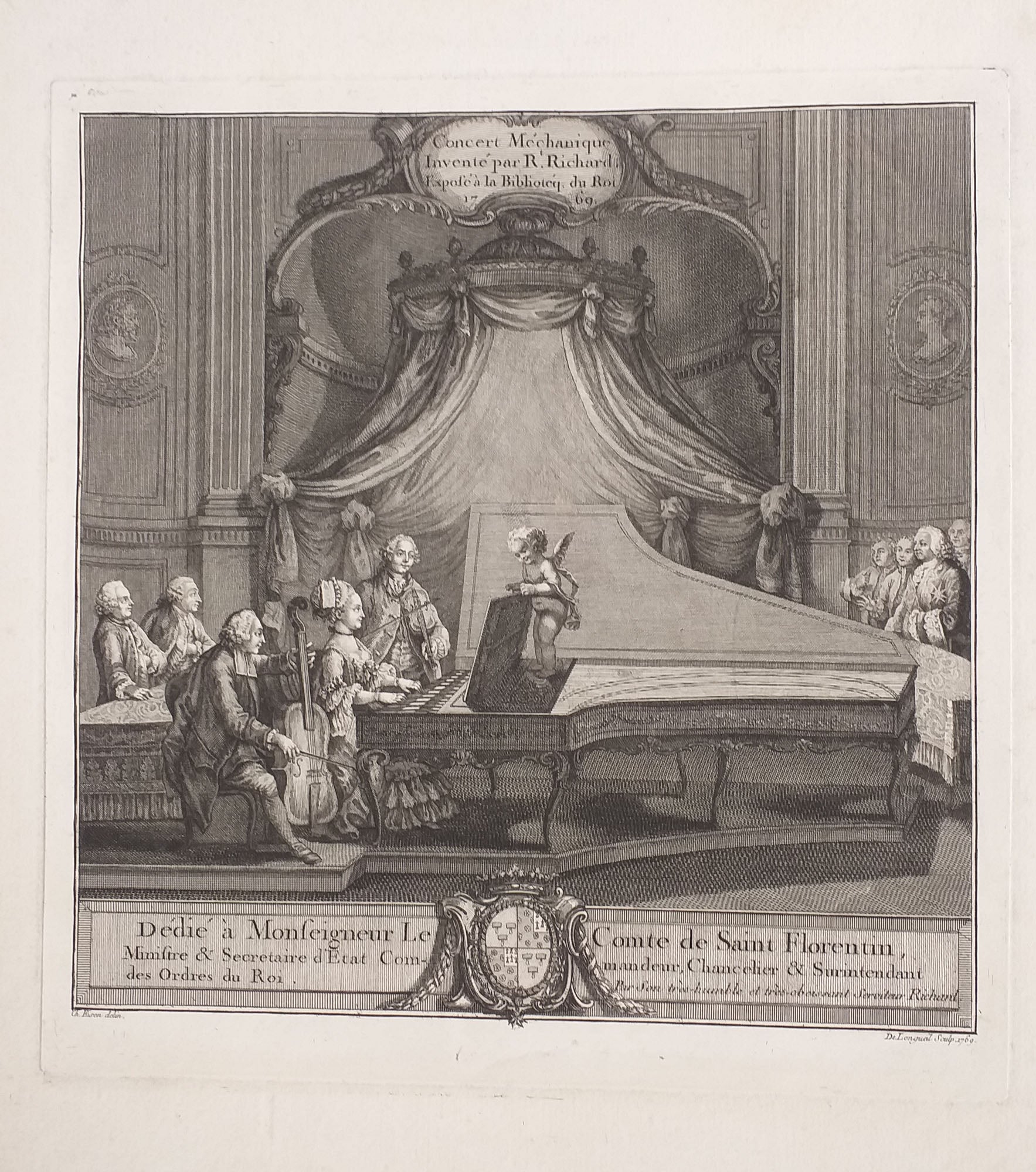 Le Concert Méchanique, inventé par R. Richard, exposé à la Bibliothèque du Roi. Dédié à Monseigneur le Comte de Saint Florentin, Ministre et Secrétaire d'Etat Commandeur, Chancelier et Surintendant des Ordres du Roi.  1769.