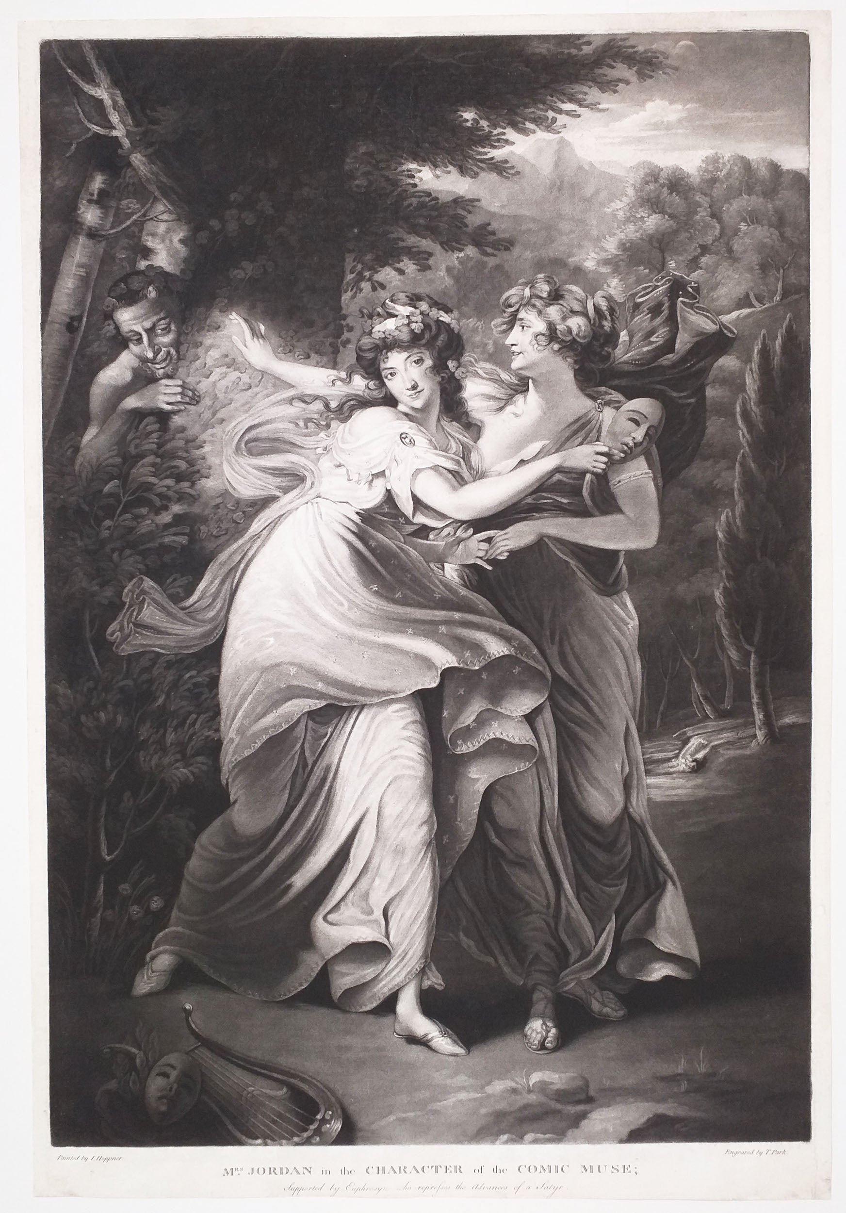 Mrs Jordan in the character of the comic Muse; supported by Euphrosyne who represses the advances of a Satyr. (Portrait de l'actrice Dorothy Jordan). 1787.
