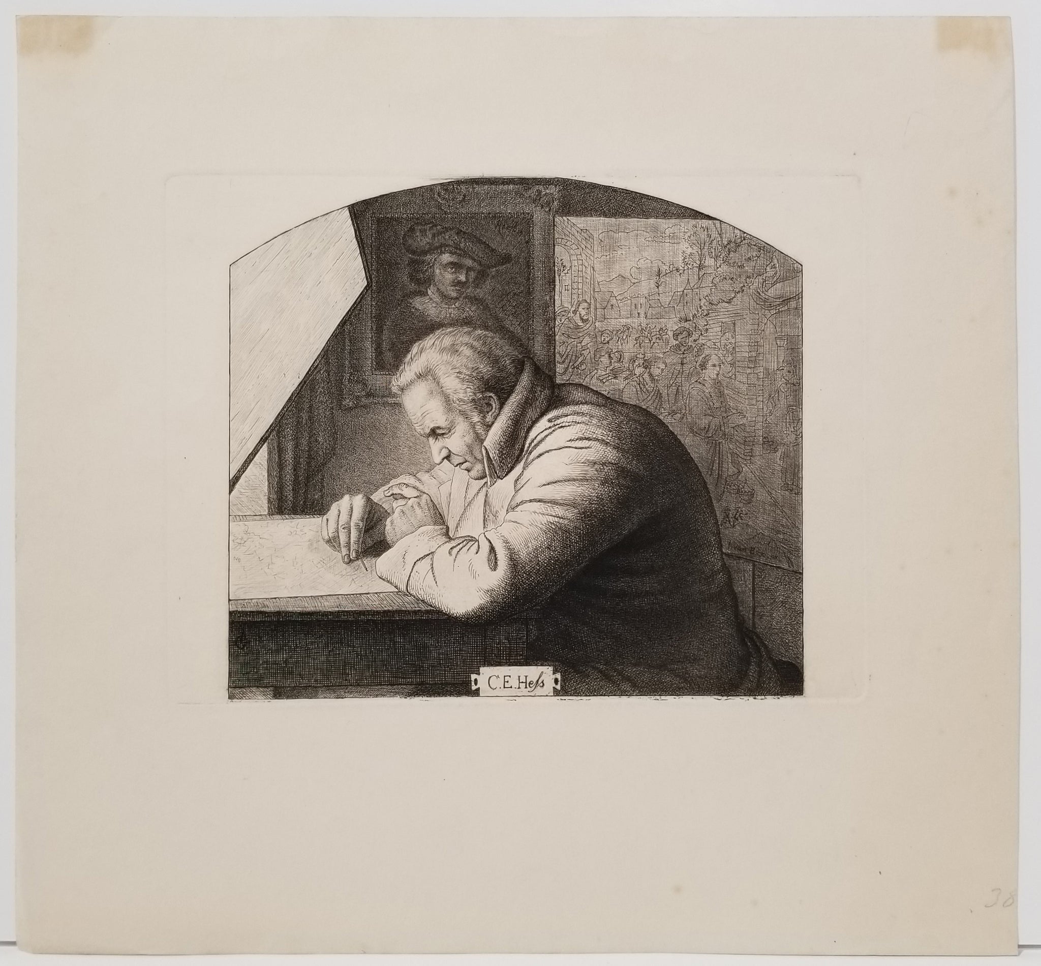Portrait de Carl Ernst Hess au travail sur sa grande gravure de l'Adoration des Mages d'après Gérard David.  Vers 1850.