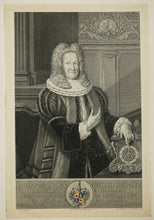 Charger l'image dans la galerie, Portrait de Johann Siegmund Holzschuher (1673-1744), de face, portant perruque, collerette et toge avec doublure en fourrure, sa main gauche posée sur une horloge de table.  1746.