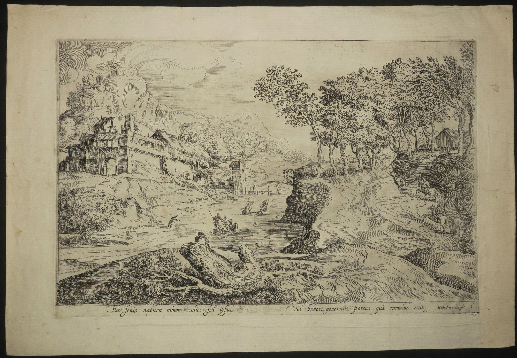 Paysage avec deux barques sur une rivière.