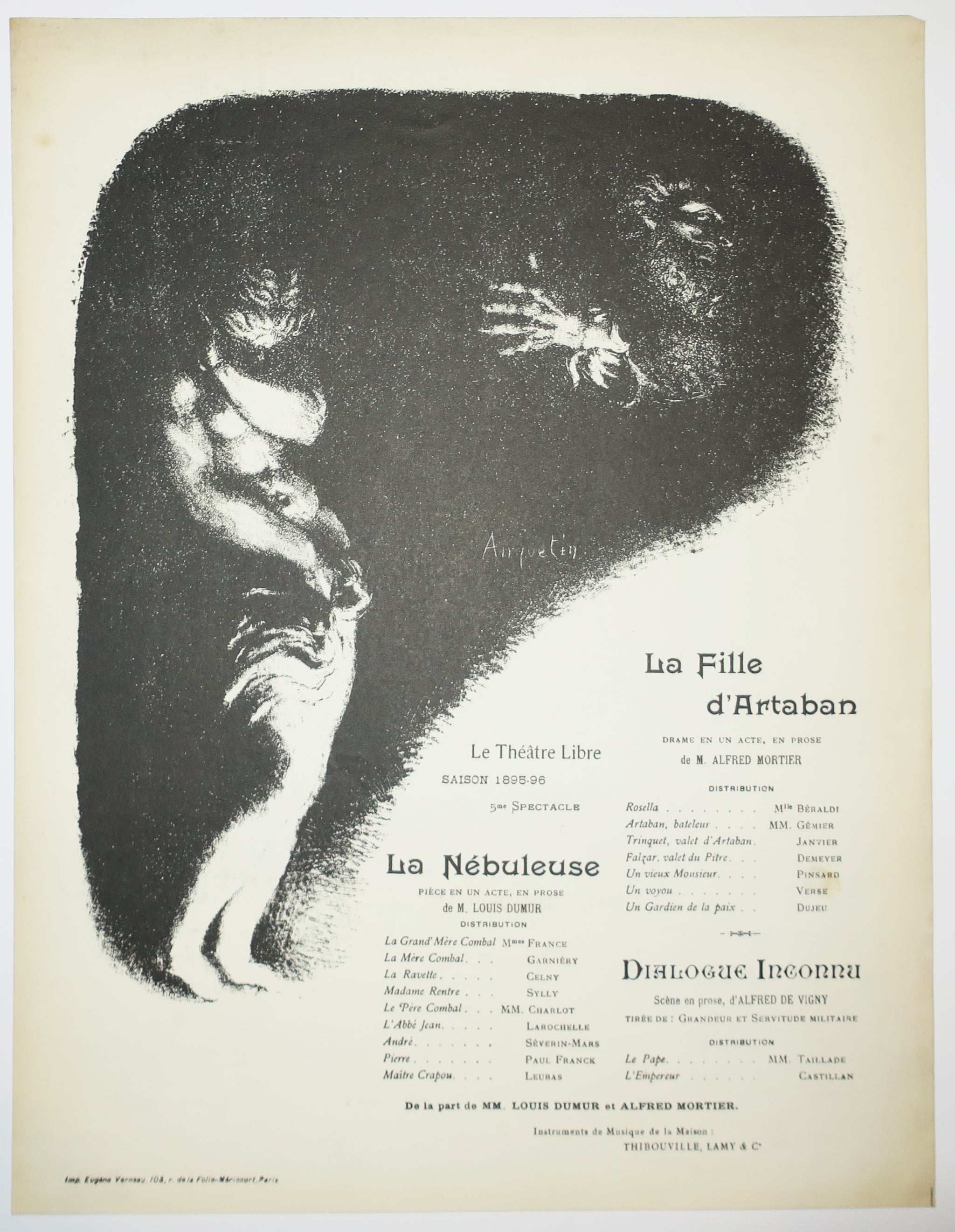 Programme pour Le Théâtre Libre : La fille d'Artaban par Alfred Mortier, La nébuleuse par Louis Dumur et Dialogue inconnu de Grandeur et servitude militaire par Alfred de Vigny, 5ème spectacle de la saison 1895-1896.