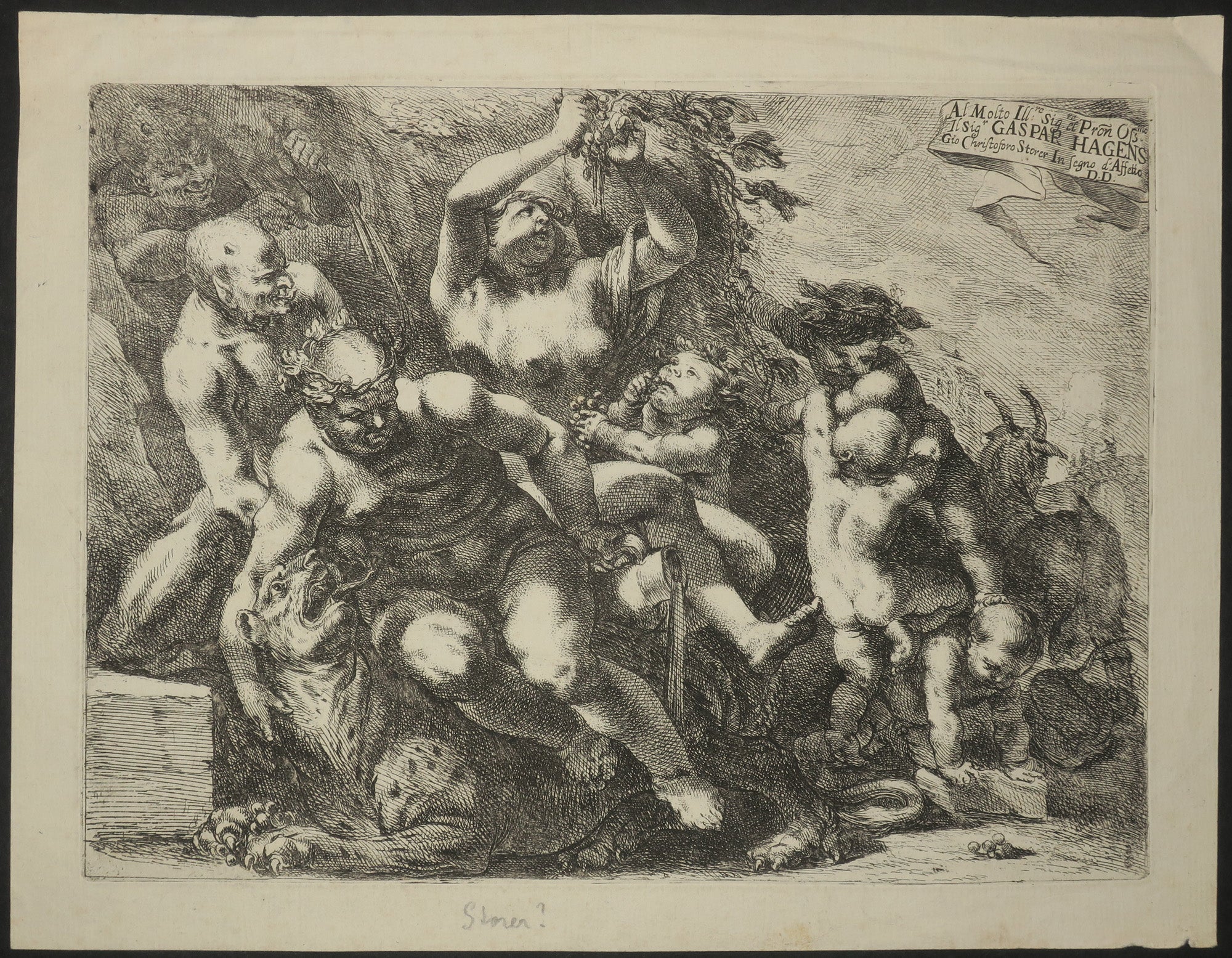 Bacchus ivre caressant un léopard et tenant une cruche dans sa main gauche.