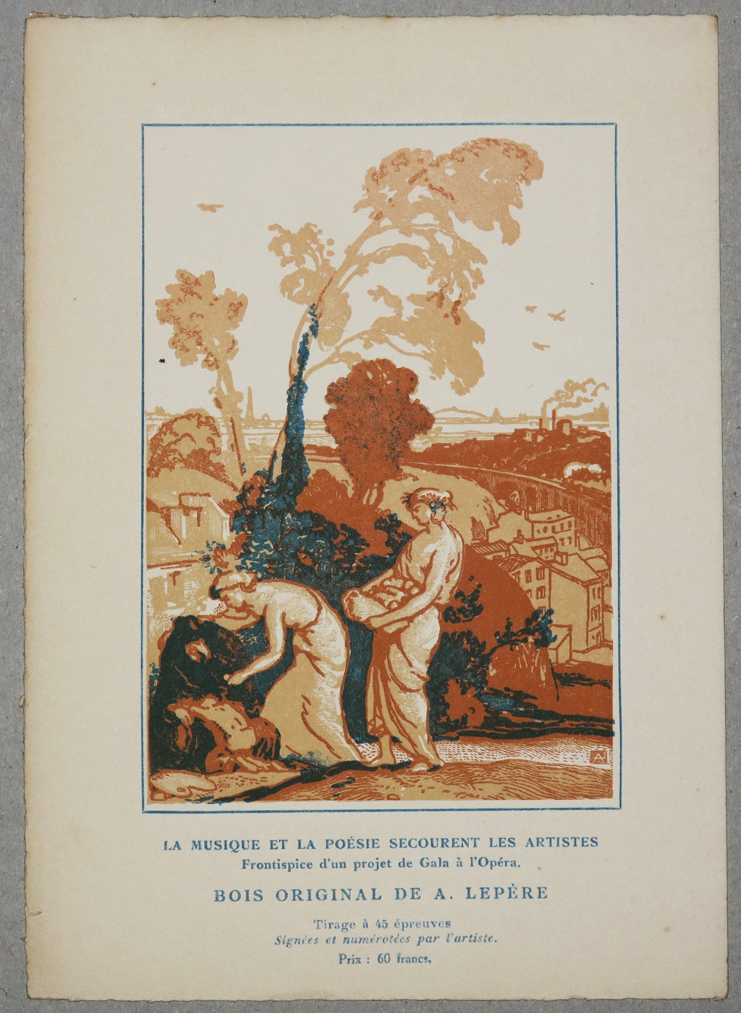 La Musique et la Poésie secourent les artistes. Frontispice d'un projet de Gala à l'Opéra.