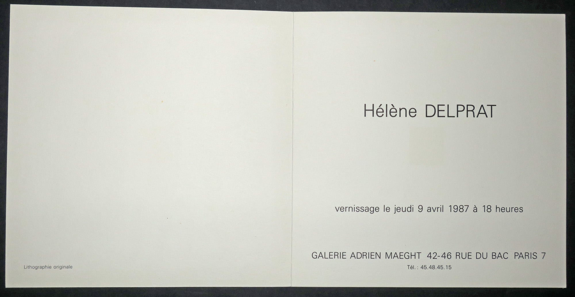 Carton d'invitation au vernissage de l'exposition du Jeudi 9 avril 1987 à la Galerie Adrien Maeght, 42-46 rue du Bac, Paris 7ème.