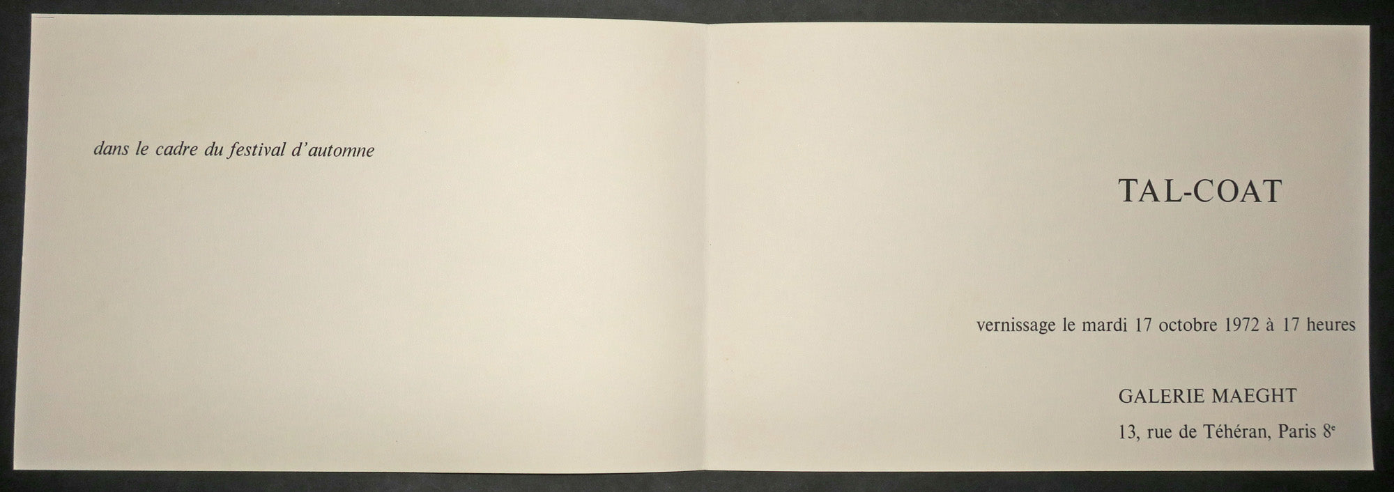 Carton d'invitation au vernissage de l'exposition, dans le cadre du festival d'automne, du Mardi 17 octobre 1972 à la Galerie Maeght.