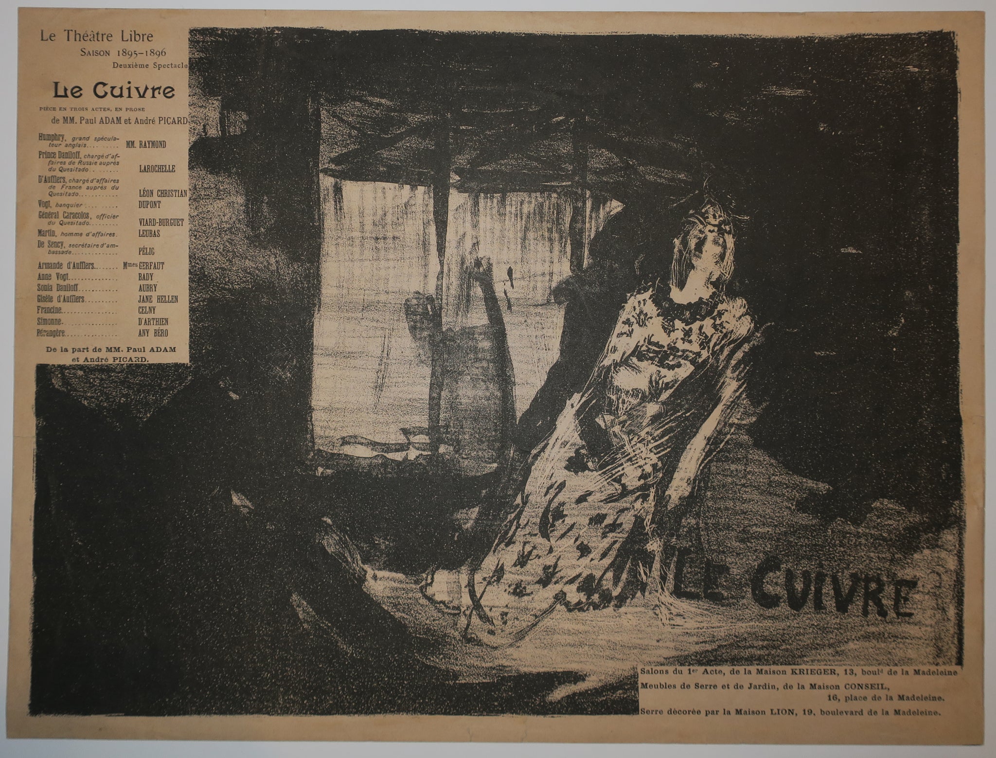 Programme de théâtre pour Le Cuivre par Paul Adam et André Picard. Le Théâtre Libre, 16 Décembre 1895, Saison 1895-1896.