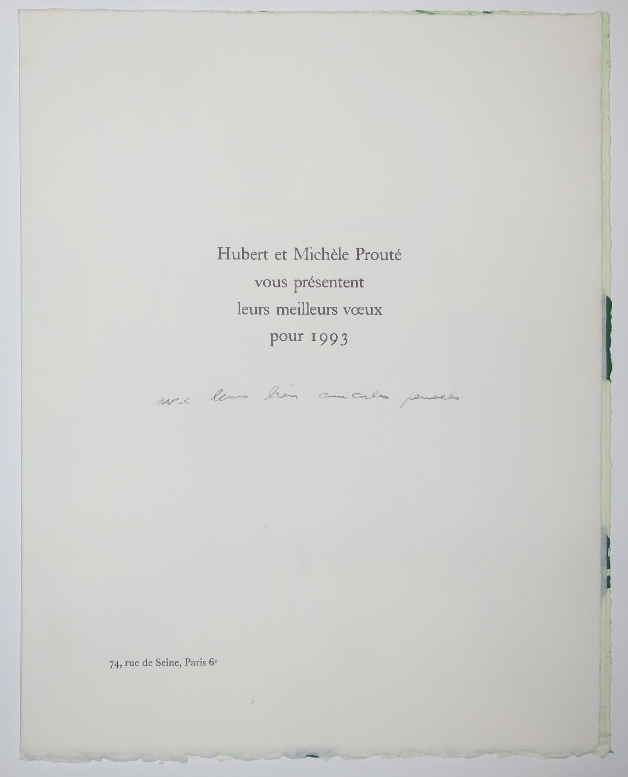 Grüne Punkte, Carte de vœux de Hubert et Michèle Prouté, 74 rue de Seine, Paris 6è. 1992.