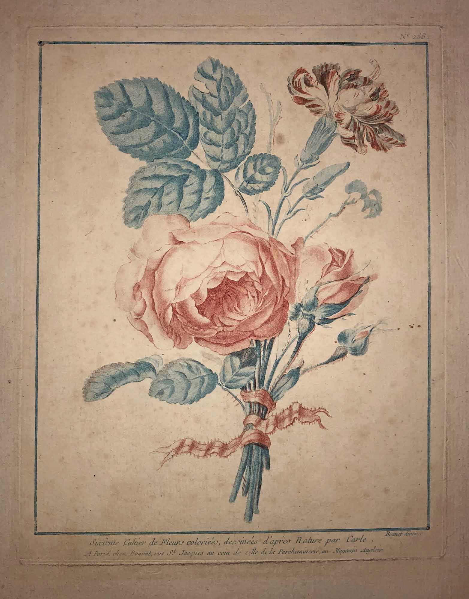 Rose et Anémone, tiges nouées par un ruban à picots.