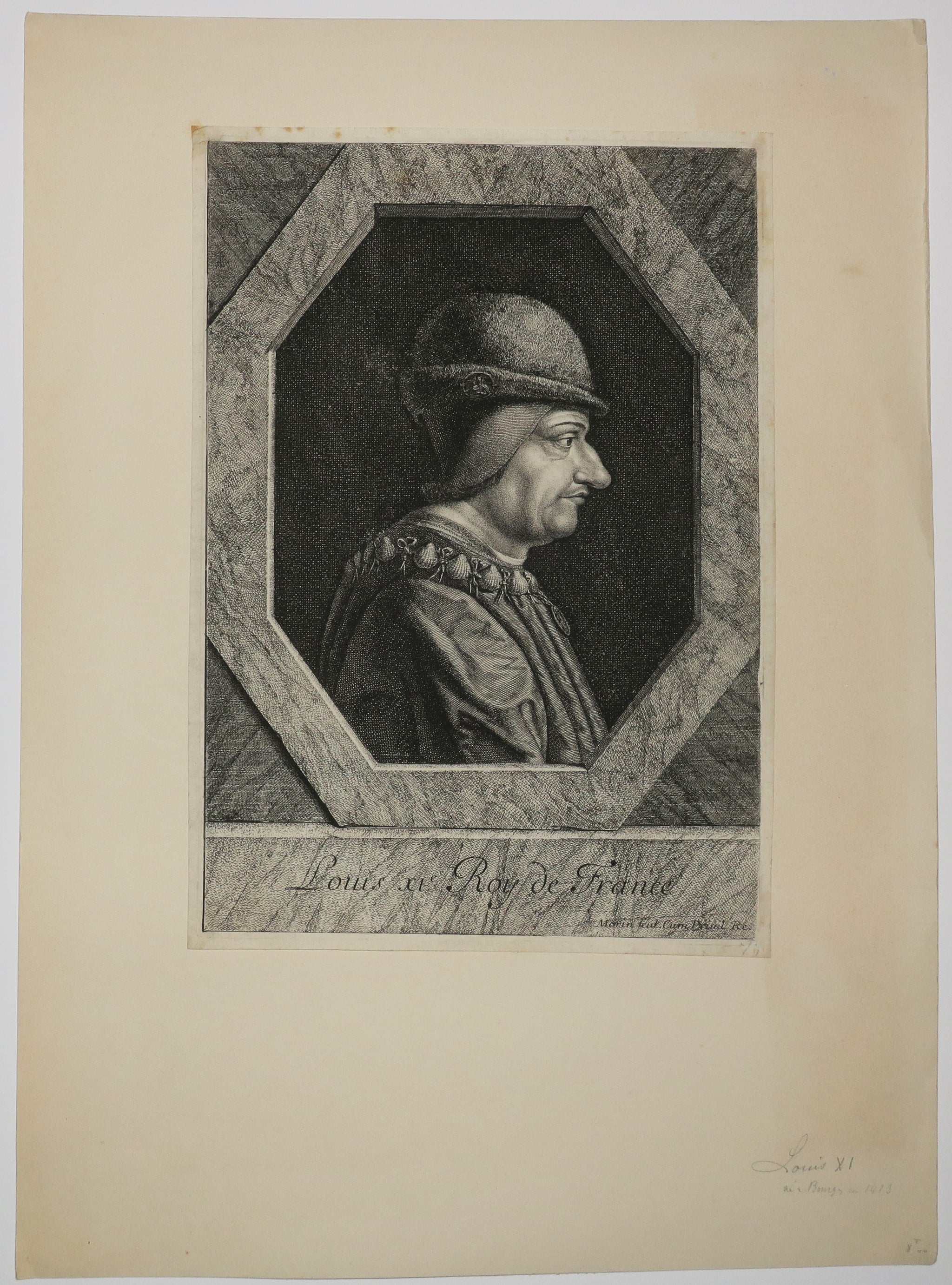 Portrait de Louis XI (1423-1483), Roy de France, en buste de profil à droite, coiffé d'un chapeau de fourrure avec médaille de la Vierge.   c.1640-1650.