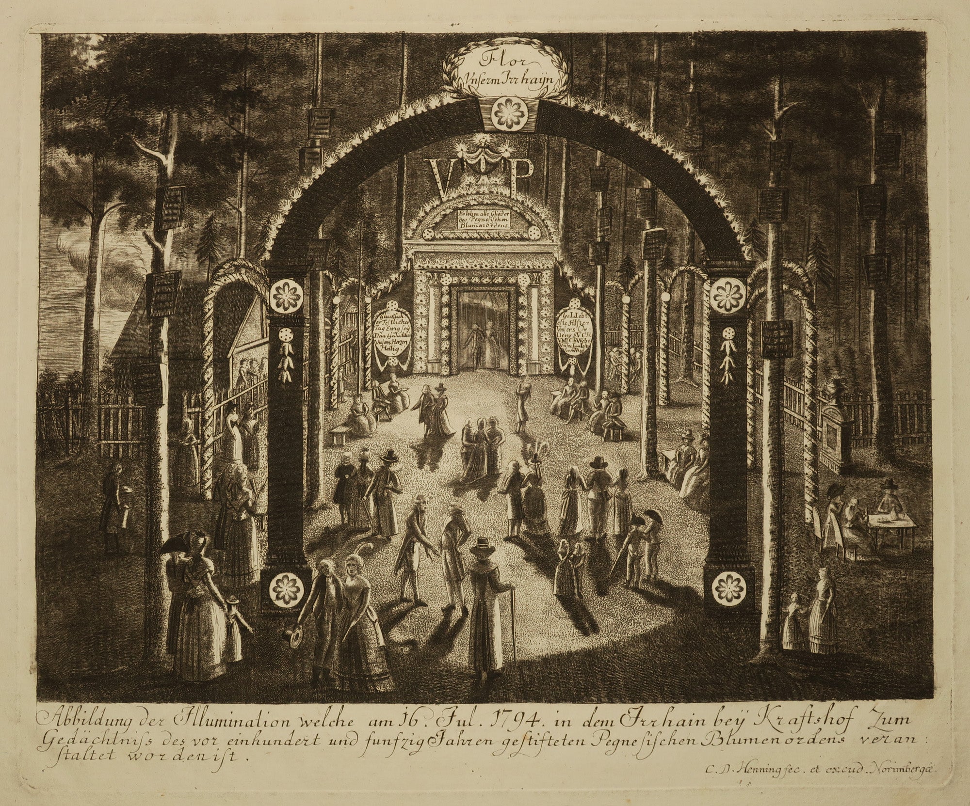 lllumination organisée le 16 juillet 1794 à Irrhain près de Kraftshof pour commémorer l'ordre des fleurs pégnésien fondé il y a cent cinquante ans.