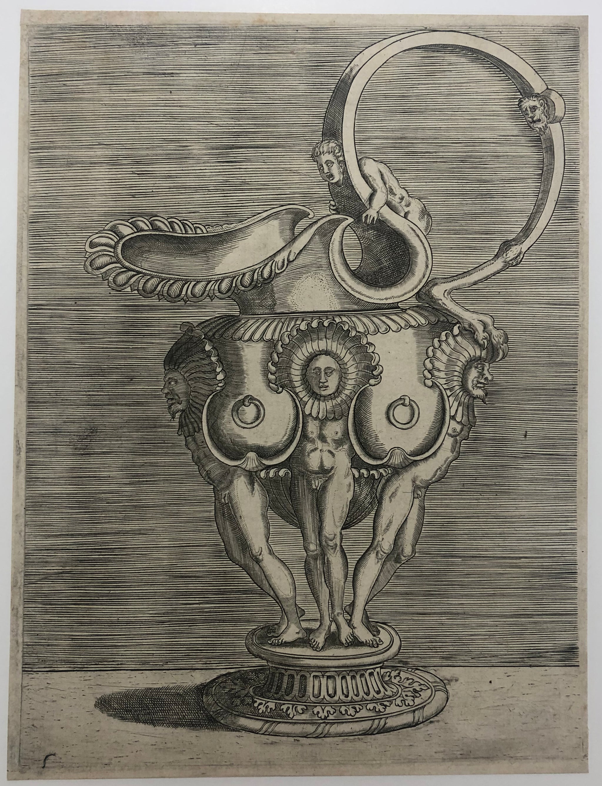 Carafe à oreille, portée par trois figures. c.1548.