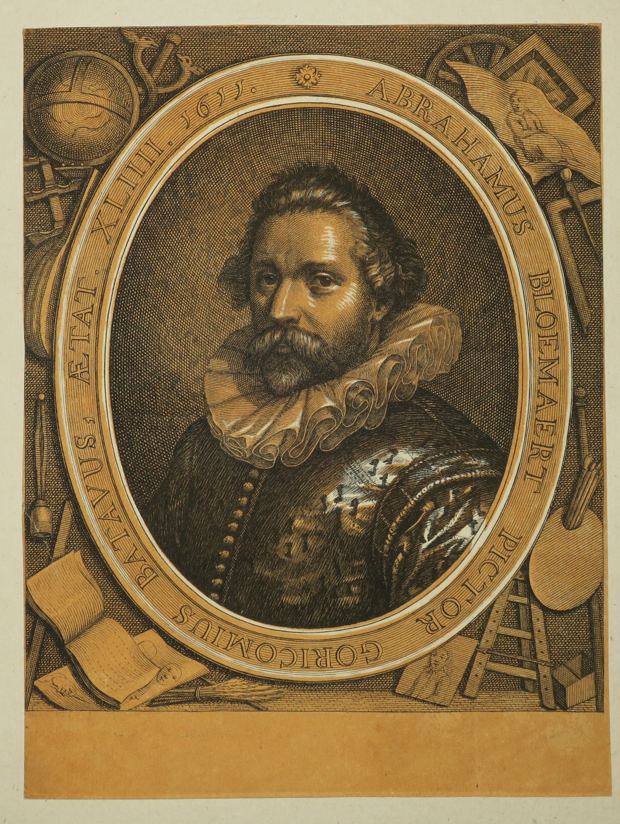 Portrait du peintre hollandais Abraham Bloemaert (1564 - 1651); demi-longueur tourné à gauche, portant un costume et une fraise ; dans un cadre ovale lettré, entouré d'attributs du dessin.