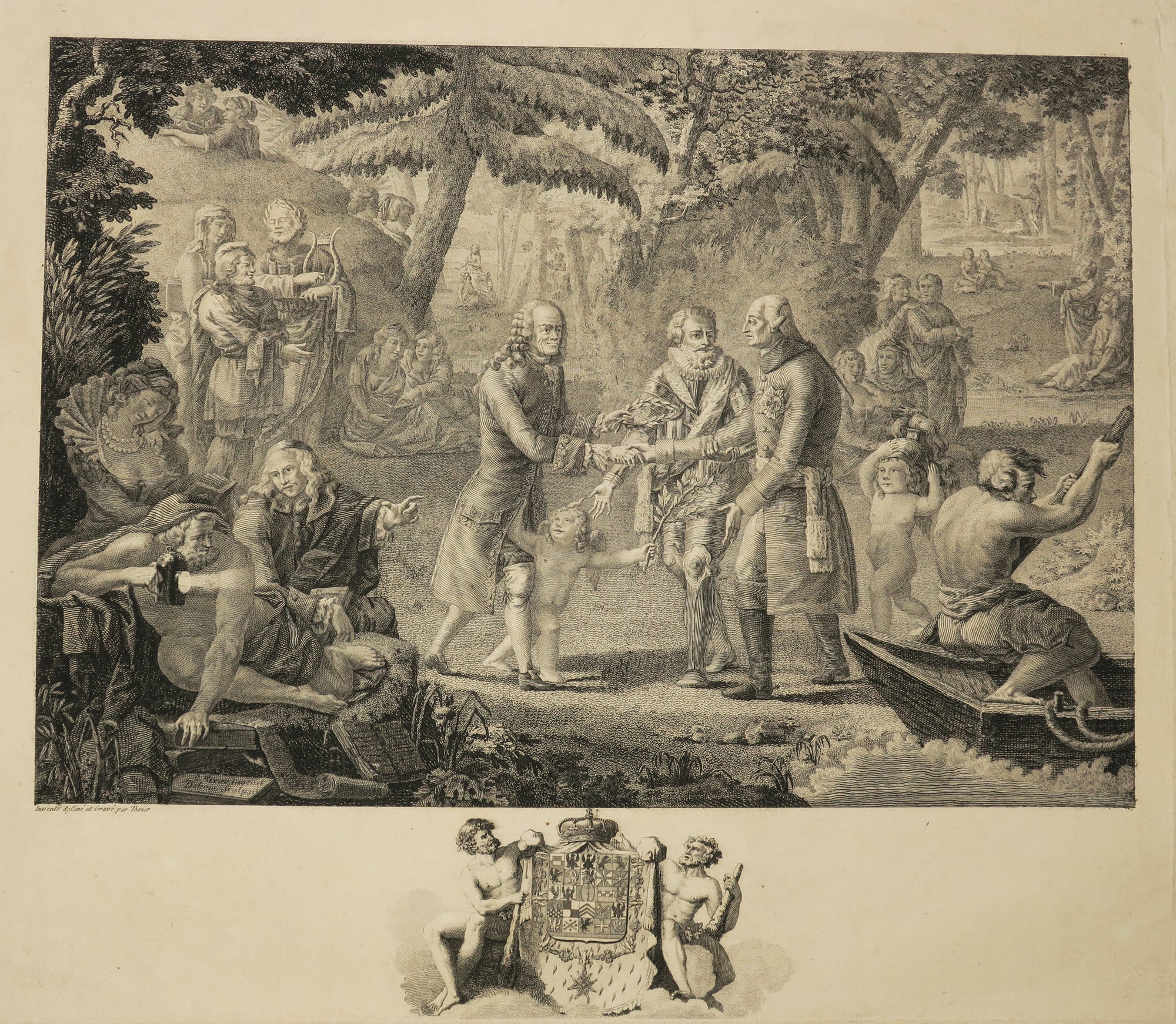 L'arrivée du Roi de Prusse aux Champs-Elysées, et sa réconciliation avec Voltaire par Henri IV. Dediée à Frédéric Guillaume III margrave de Brandebourg roi de Prusse.