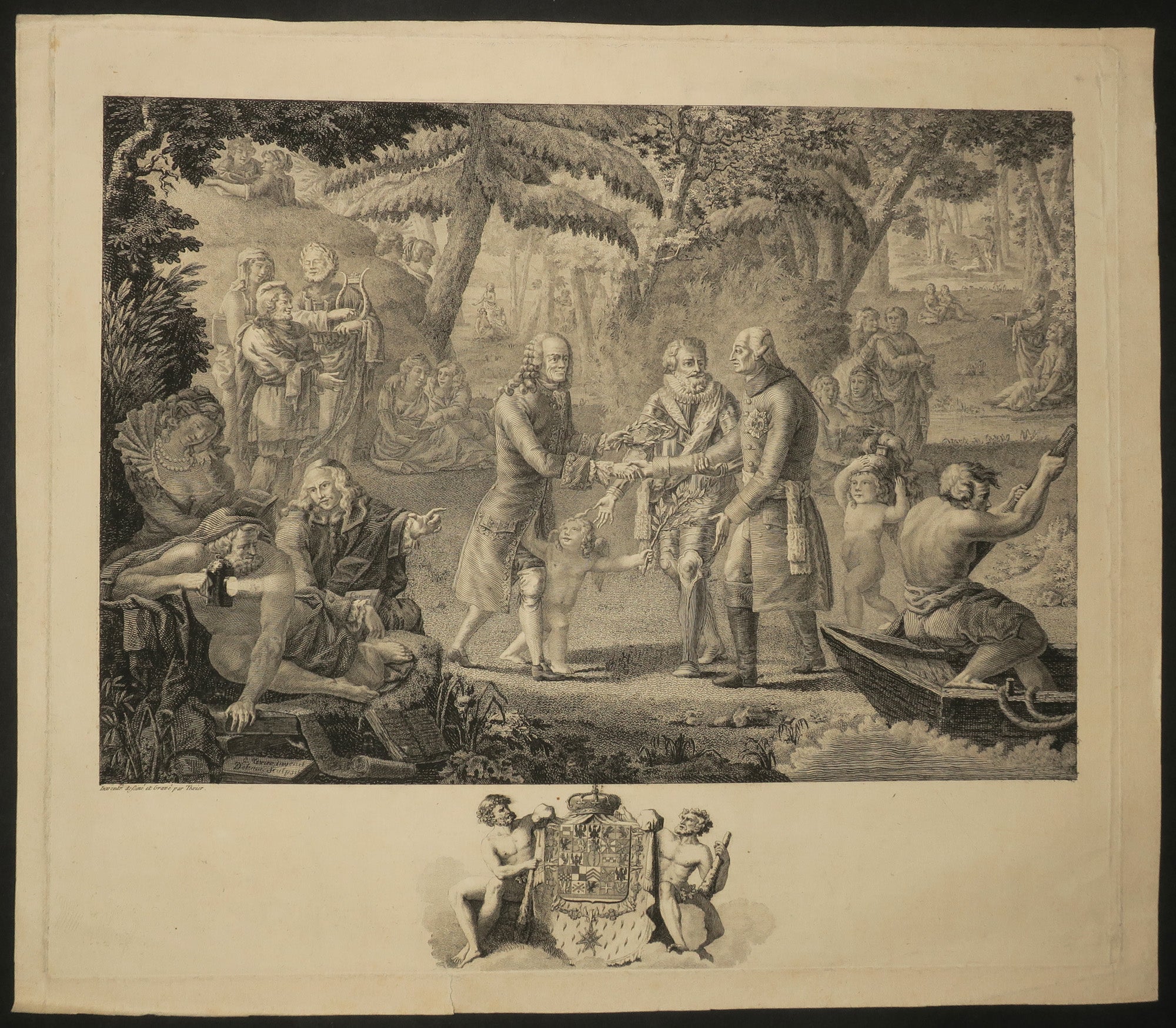 L'arrivée du Roi de Prusse aux Champs-Elysées, et sa réconciliation avec Voltaire par Henri IV. Dediée à Frédéric Guillaume III margrave de Brandebourg roi de Prusse.