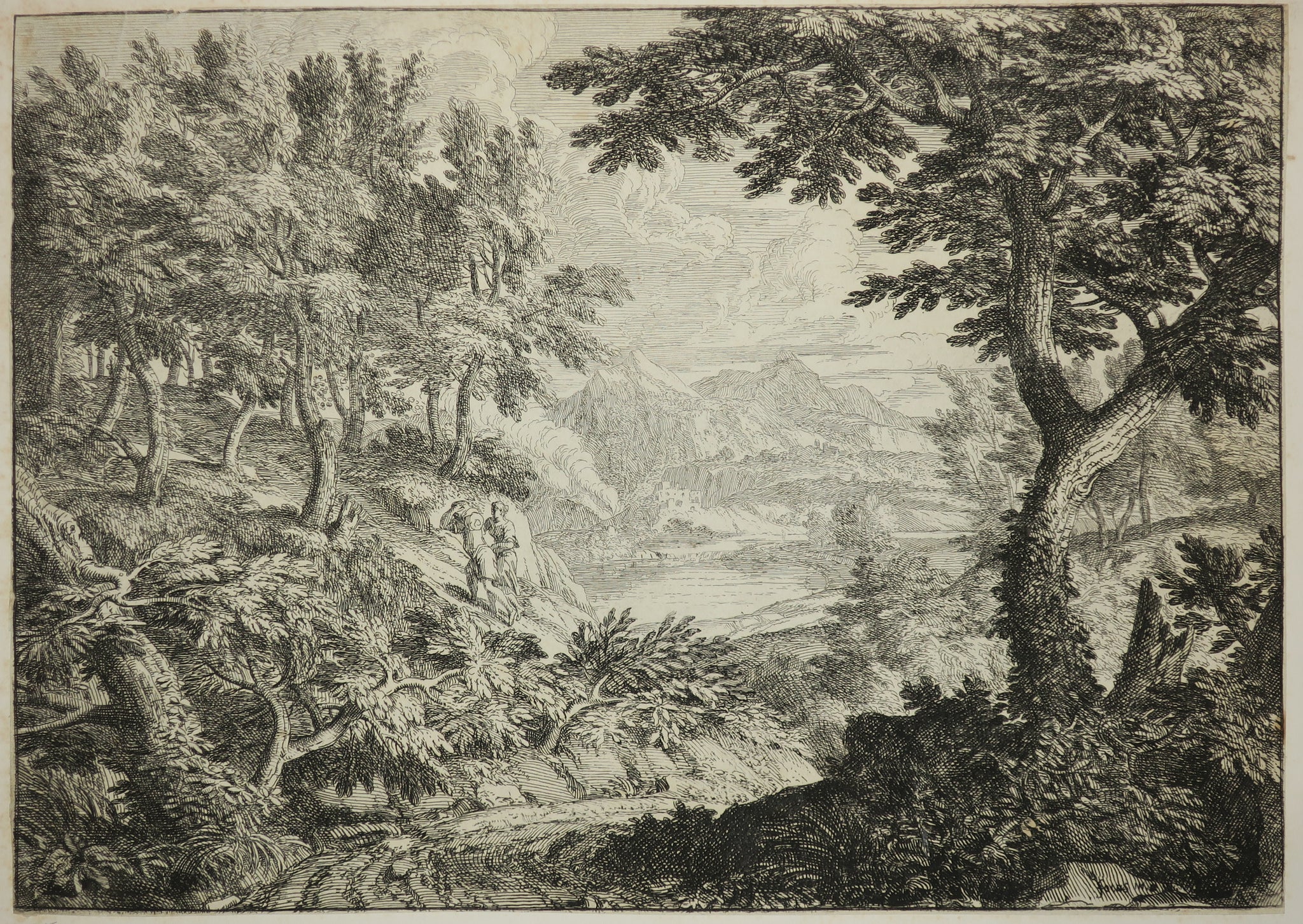 Paysage à l'homme portant un fardeau, accompagné d'une femme. De la suite de 7 pièces