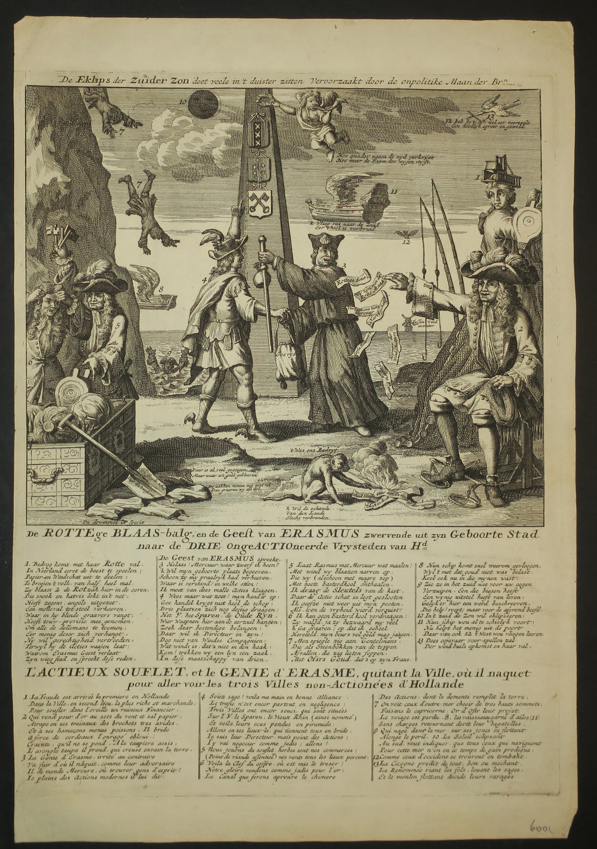 L'Actieux souflet et le Génie d'Erasme quitant la ville où il naquet pour aller voir les trois villes non actionées d'Hollande . c.1720.