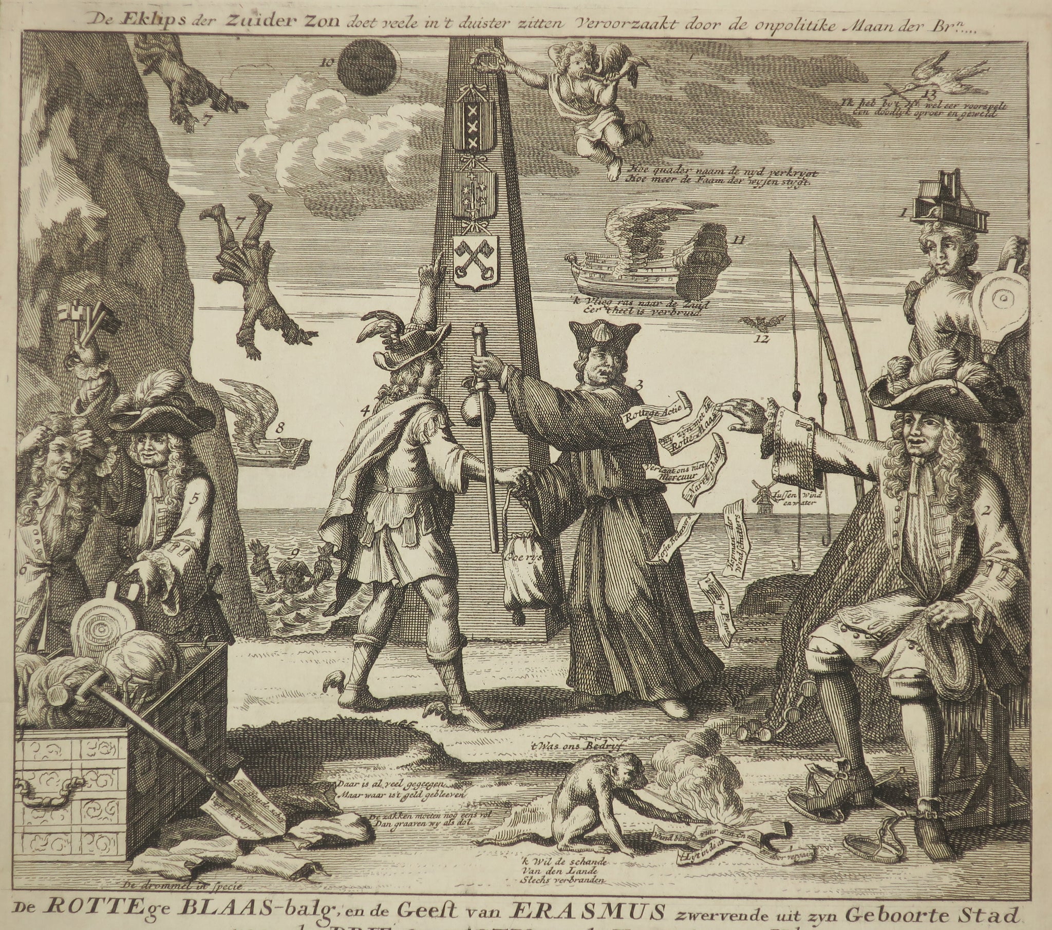 L'Actieux souflet et le Génie d'Erasme quitant la ville où il naquet pour aller voir les trois villes non actionées d'Hollande . c.1720.