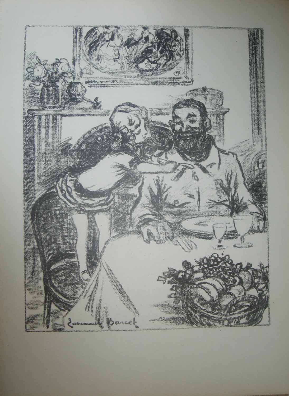 Un poilu à table avec une fillette sur un tabouret.