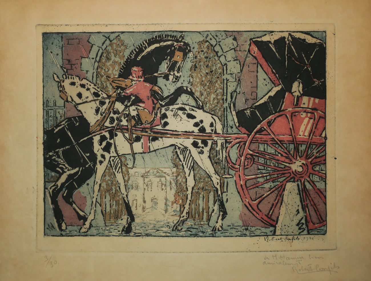 Le cabriolet tiré par un cheval blanc, tacheté noir.