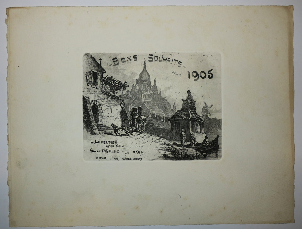 Bons Souhaits pour 1905. L. Lepeltier, Artiste-Peintre, 34 rue Pigalle à Paris, ci-devant Rue Caulaincourt.