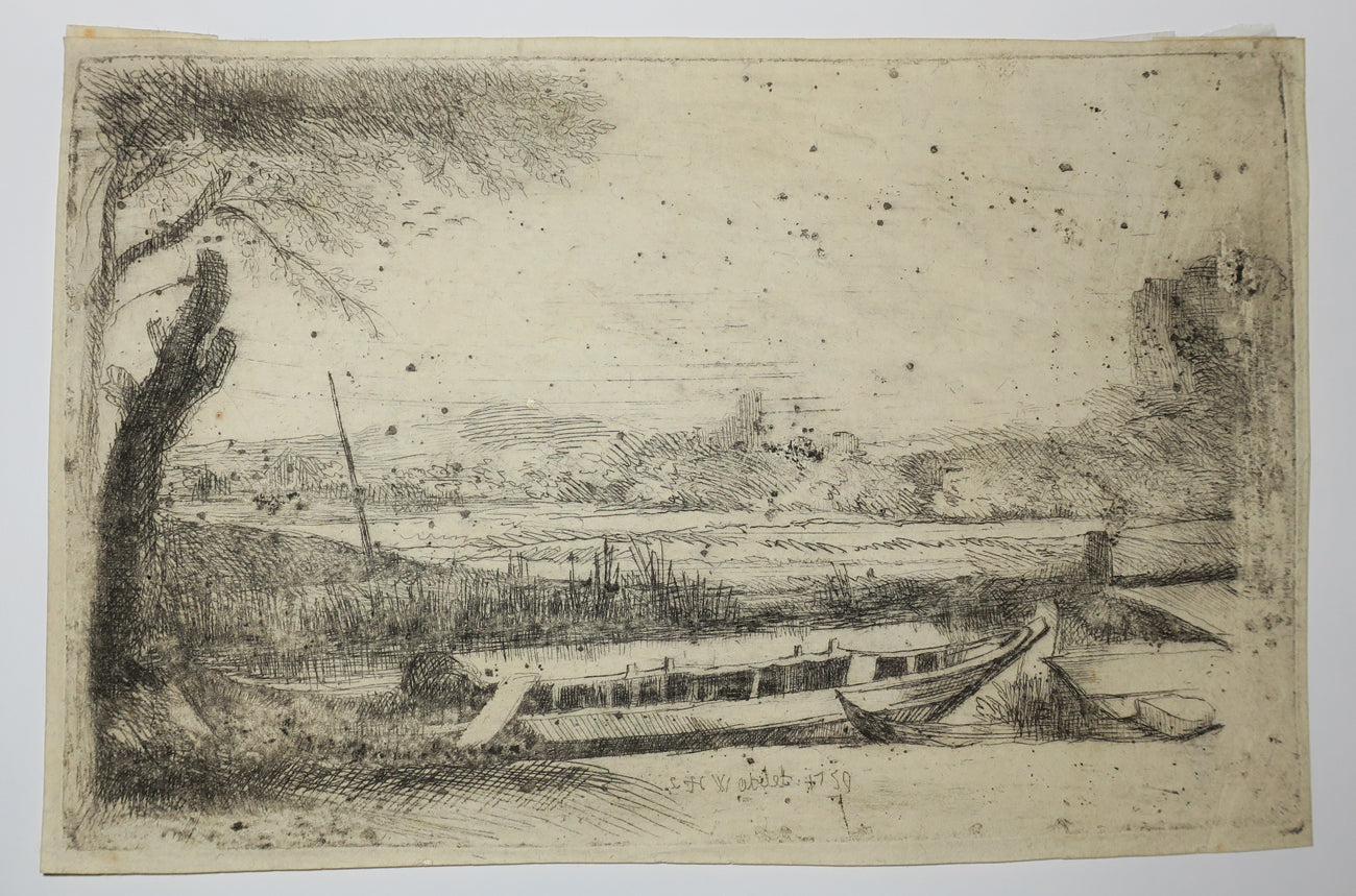 Barque sur le bord d'une rivière. 1750 oou 1759.