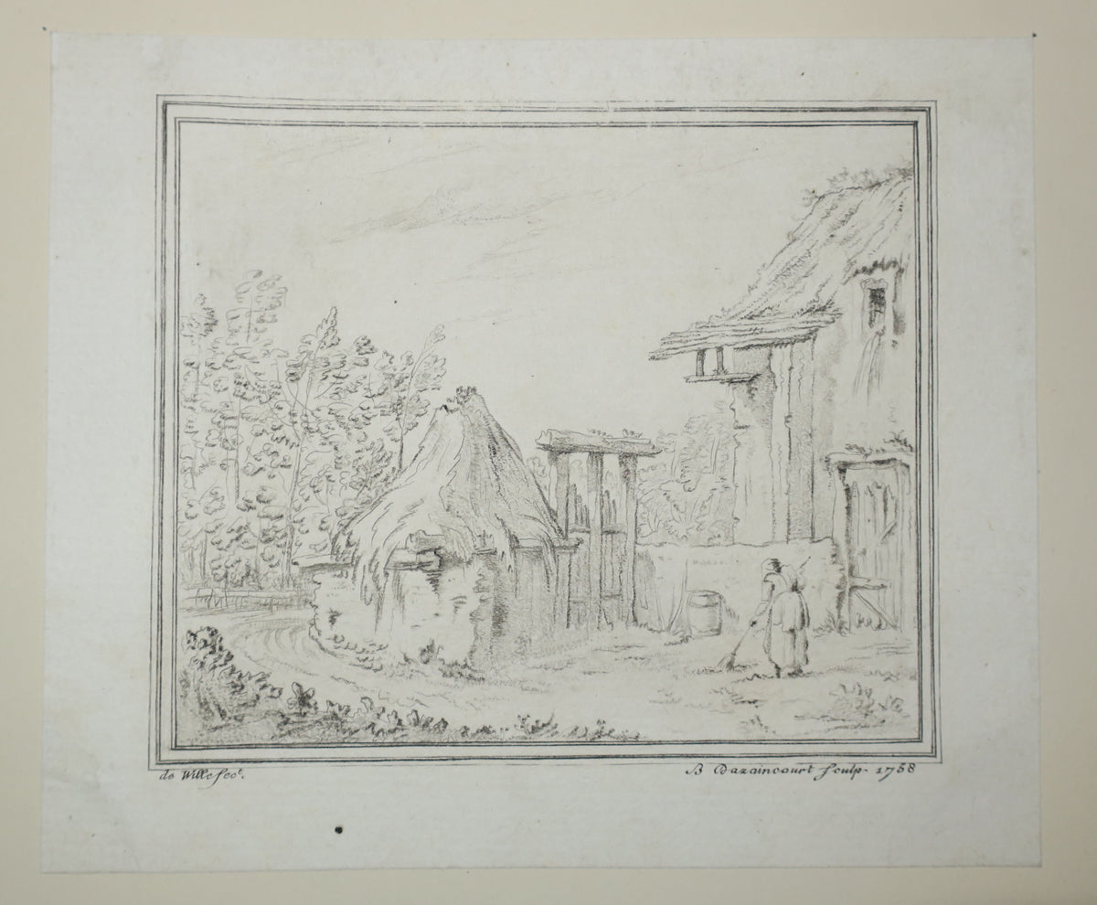 Intérieur de ferme avec vieille femme qui balaie la cour.