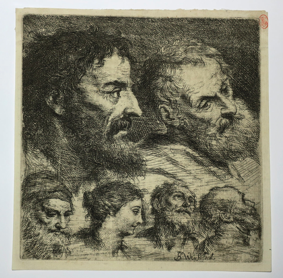 Etude de têtes de vieillards et jeune femme.