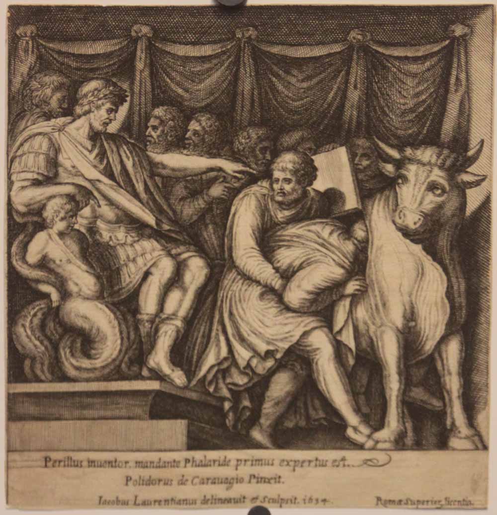 Phalaris condamne Perille à entrer dans le taureau d'Airain.