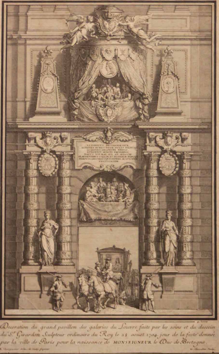 Décoration du grand pavillon des galeries du Louvre faite par les soins et du dessein du Sr Girardon sculpteur ordinaire du Roy le 28 aoust 1704 jour de la feste donnée par la ville de Paris pour la naissance de Monseigneur le Duc de Bretagne.