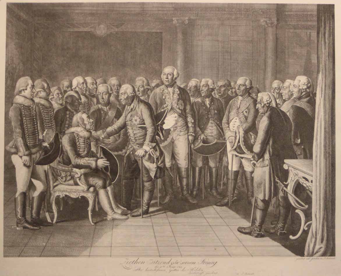 Ziethen Sitzend vor Seinem König. (Le général Ziethen assis devant Frederick II, Roi de Prusse, des princes royaux et des militaires; le Roi posant sa main droite sur l'épaule du général).