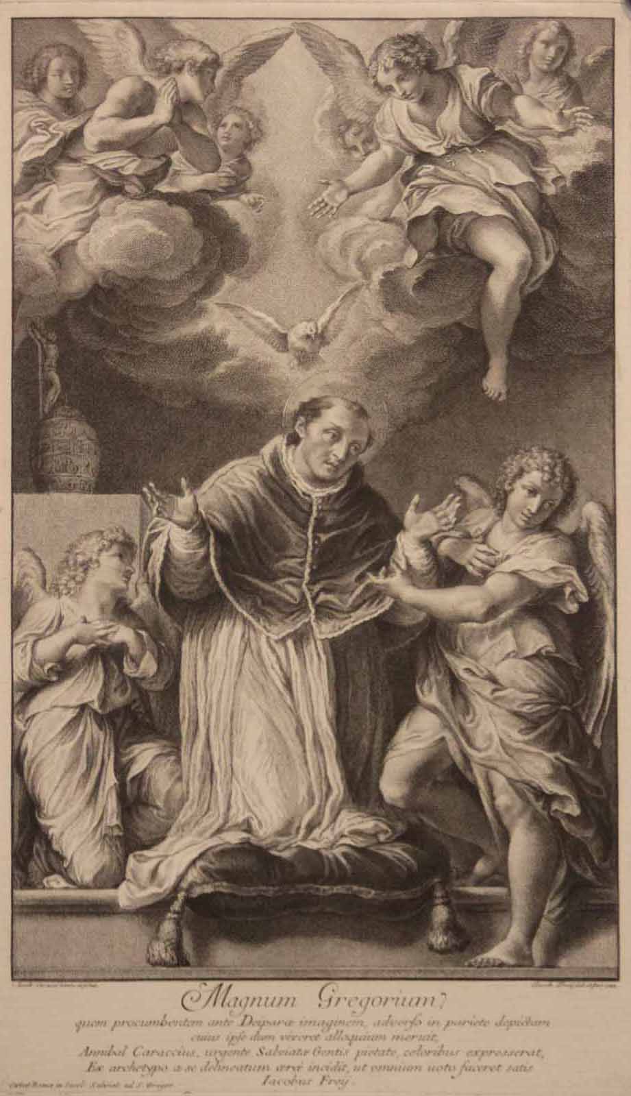 Saint Grégoire à genoux sur un coussin et accompagné de deux anges.