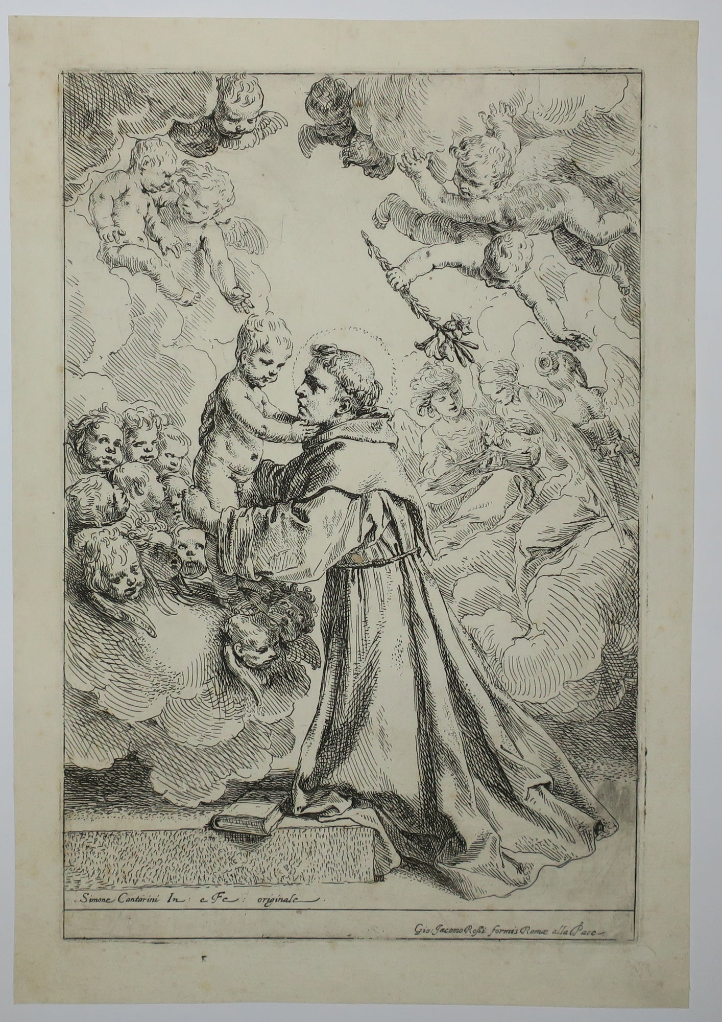Saint Antoine de Padoue s'agenouillant devant l'enfant Jésus tenu par les Anges.