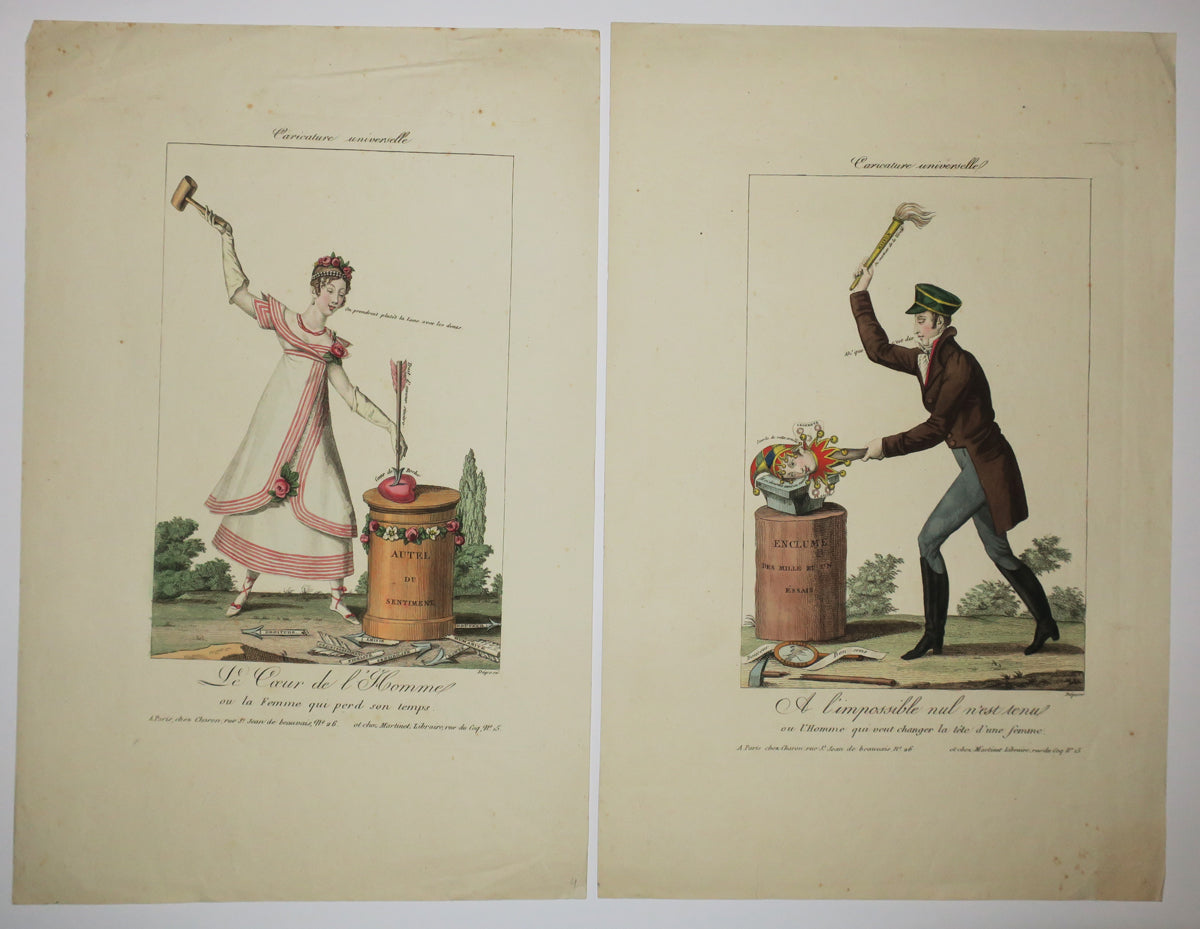 Caricature Universelle: Le Cœur de l'Homme ou la Femme qui perd son temps & A l'impossible nul n'est tenu ou L'Homme qui veut changer la tête d'une femme.