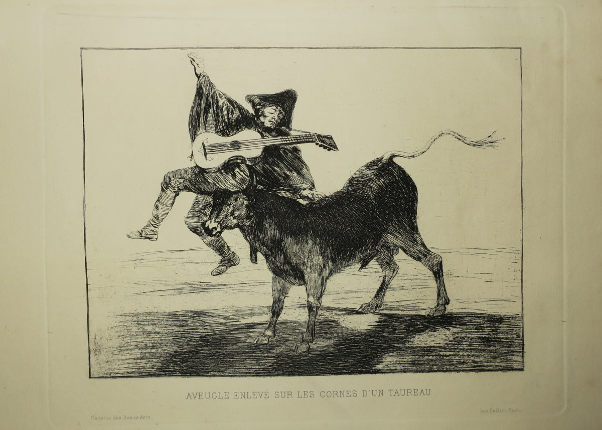 Aveugle enlevé sur les cornes d'un taureau.
