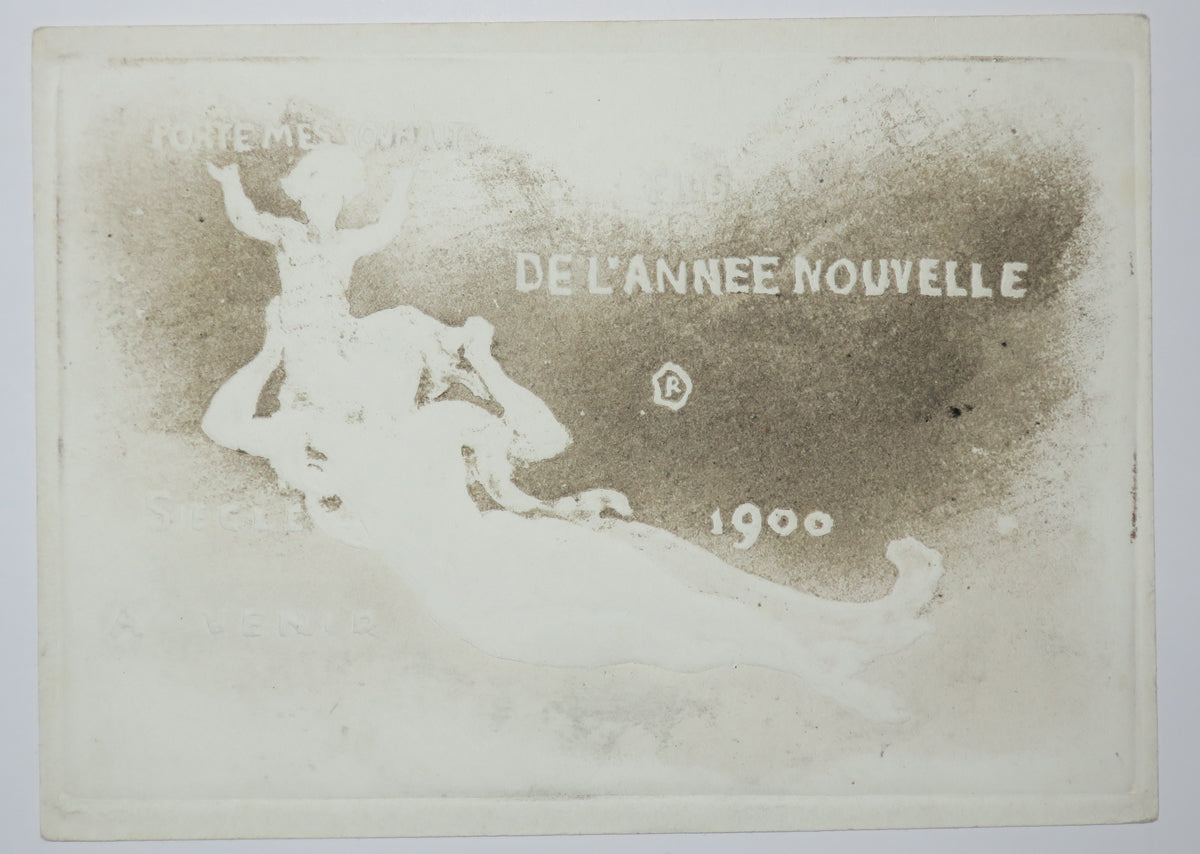 Carte de vœux pour 1900: Porte mes souhaits, fils de l'année nouvelle 1900, siècle à venir.