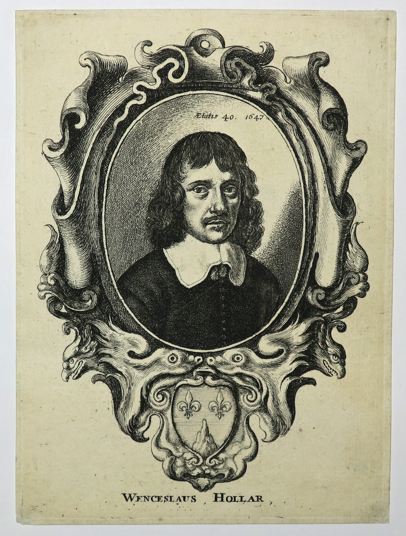 Autoportrait de l'artiste, à l'âge de 40 anc, dans un médaillon ovale entouré d'un cartouche.