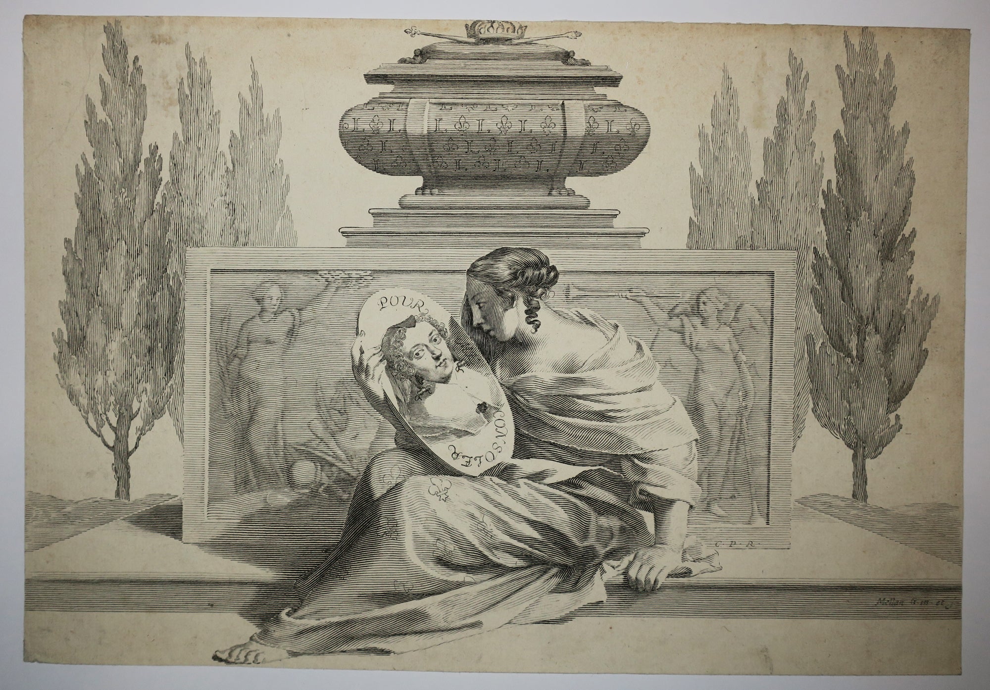 Allégorie en l'honneur  d'Anne d'Autriche; la France assise devant un monument funéraire à Louis XIII et tenant un portrait ovale d'Anne d'Autriche.