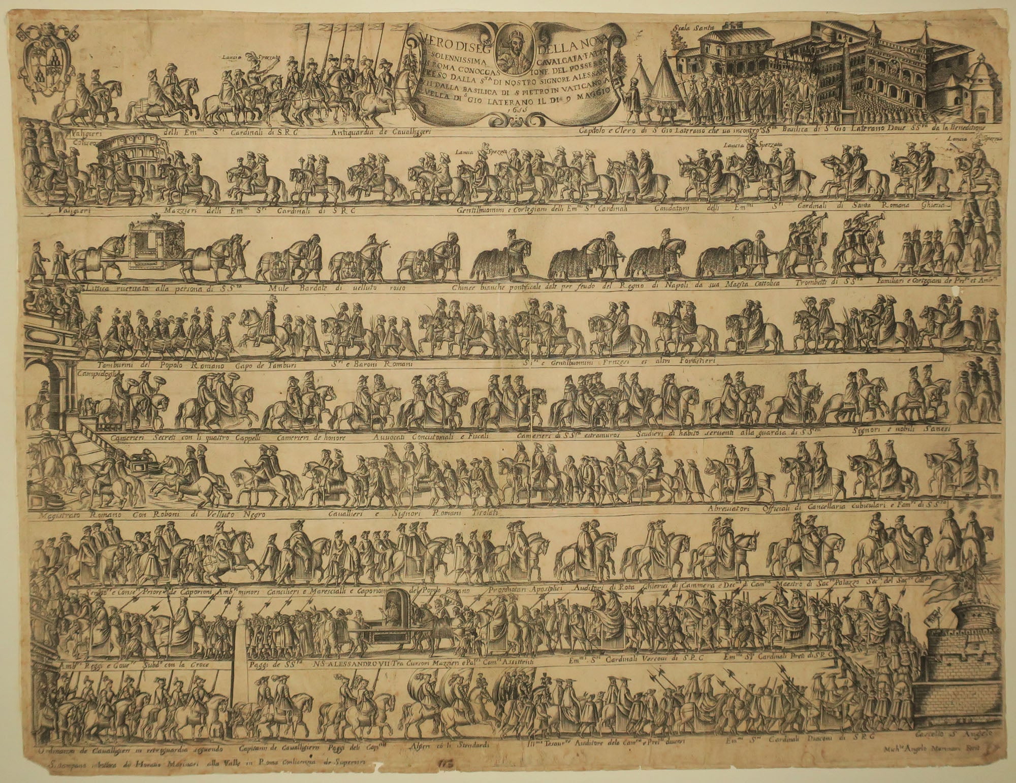 Cavalcade à Rome en l'honneur d'Alessandro VII, le 9 mai 1655. Vero disegno della nova solennissima Cavalcata fatta in Roma con occasione del posses sopreso dalla Sta di Nostro Signore Alessandro VII dalla Basilica di S. Pietro in Vaticano a quella di. Gio. Laterano il di 9 Maggio 1655.