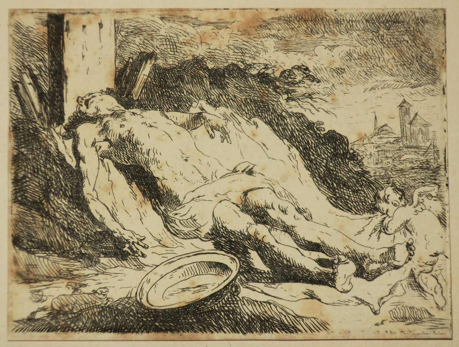 Plusieurs hommes enterrant un mort & Le Christ étendu mort au pied de la Croix.