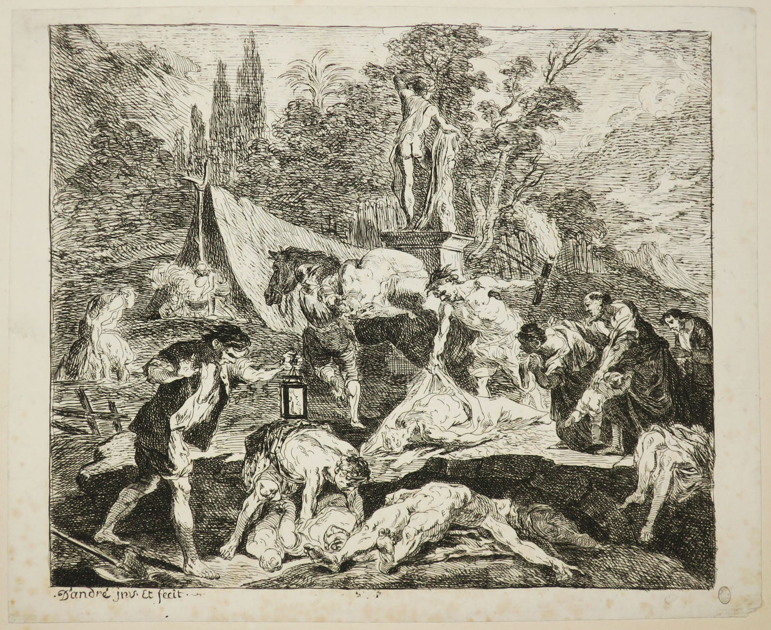 Plusieurs hommes enterrant un mort & Le Christ étendu mort au pied de la Croix.