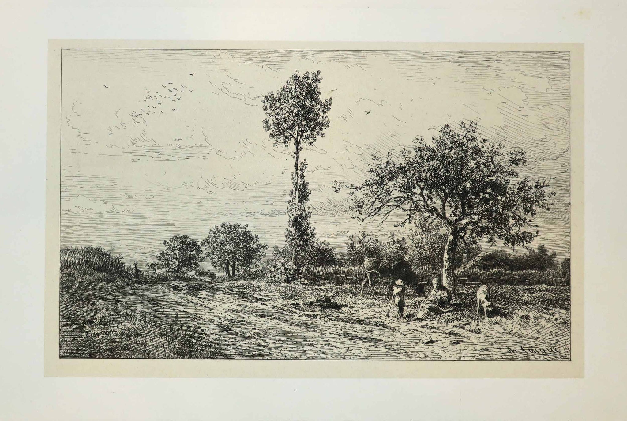 Paysage avec une femme assise, un petit garçon debout et des animaux. 1864-