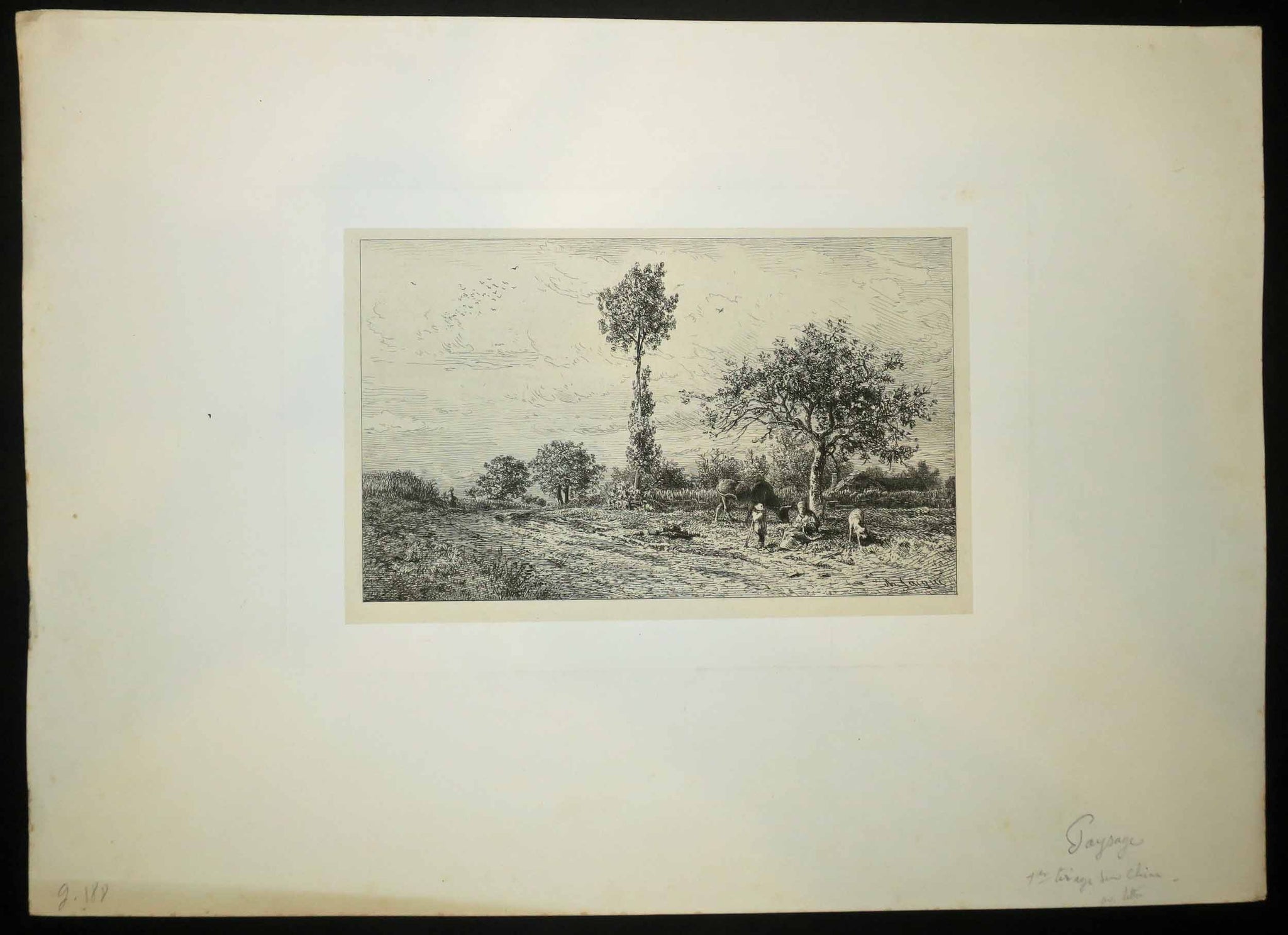 Paysage avec une femme assise, un petit garçon debout et des animaux. 1864-
